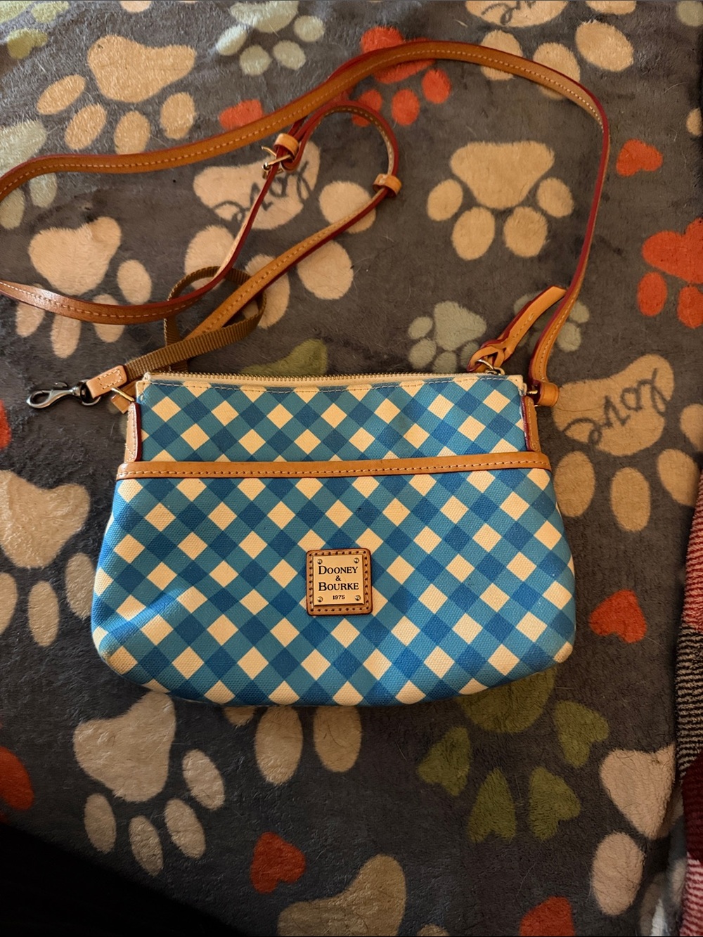 Dooney & Bourke Blue Gingham Crossbody with Tan Trim